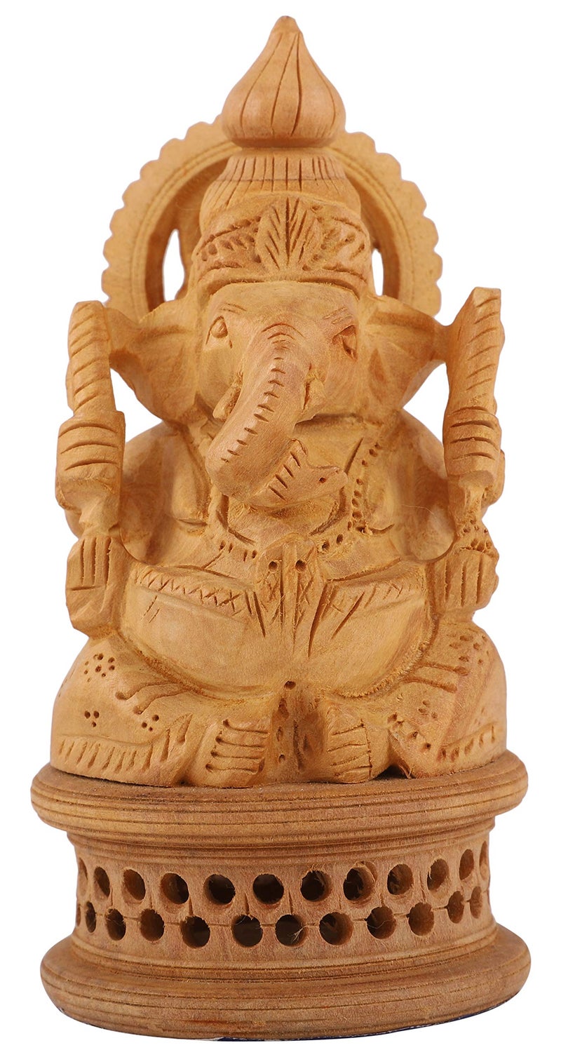 DHYANARSH Wooden Ganesh Idol - Hand Carved Lord Ganesha Wood Sculpture - God of Prosperity and Fortune Brown - Image 1